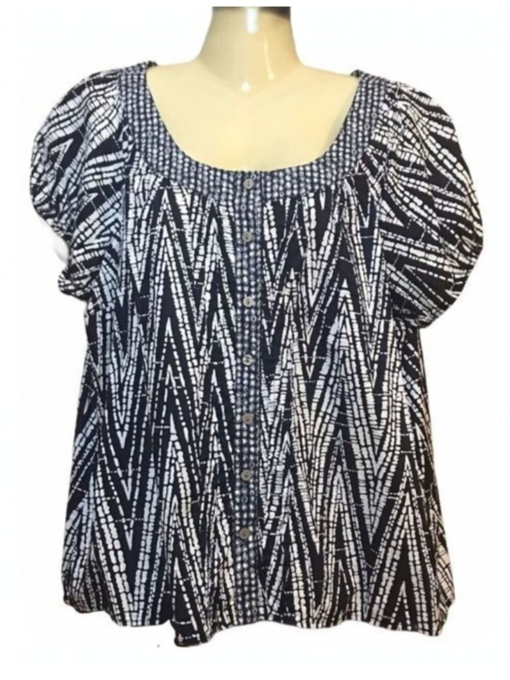 George Women's Blouse Blue White Smock Fit Cap Sleeve Button Up XL